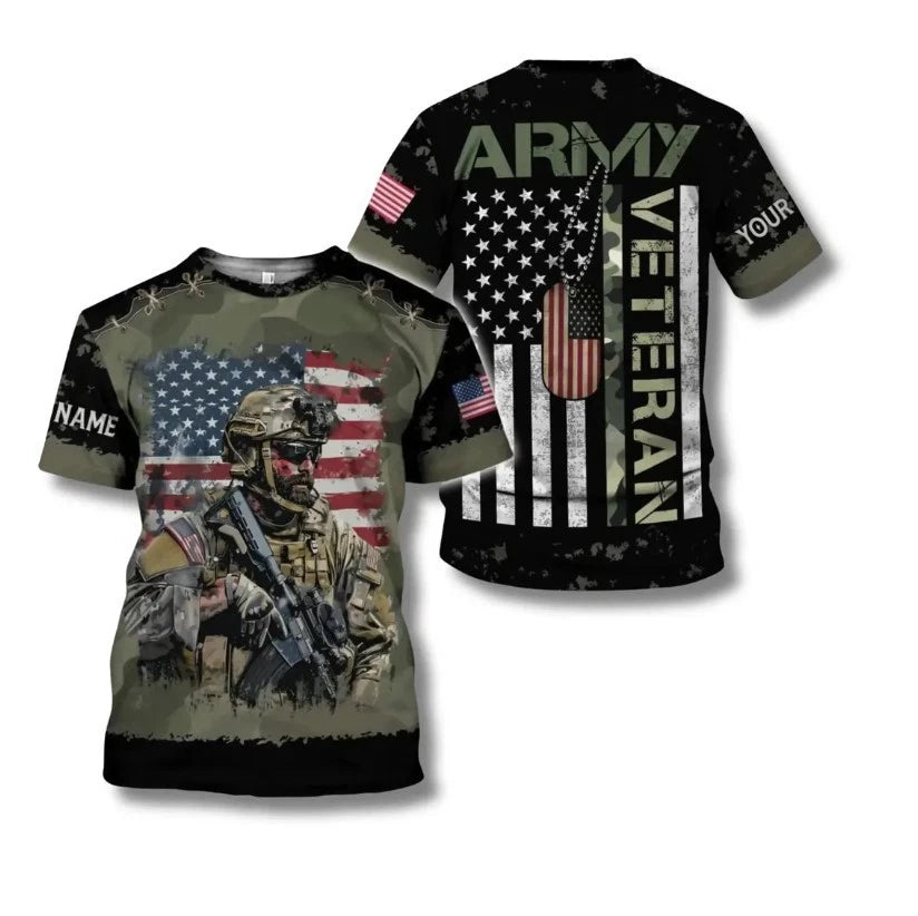 Personalized Army Veteran T-Shirt Custom Name Sleeve, US Flag Soldier Graphic Te