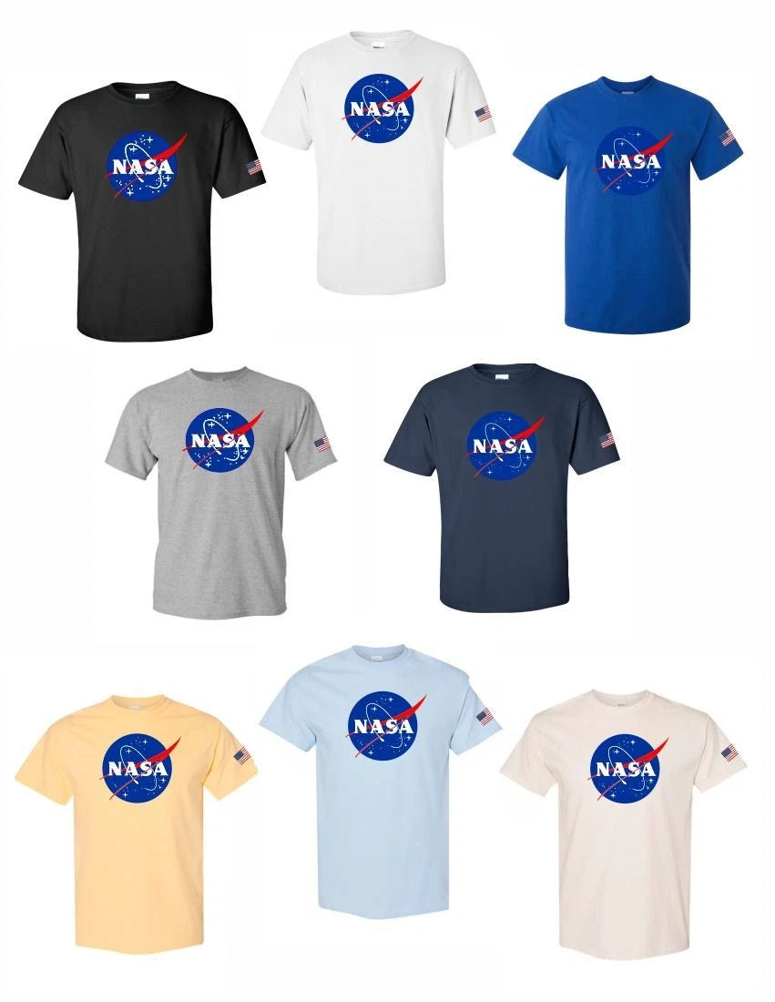 NASA Logo T-Shirt Unisex Graphic Tee Space USA Flag Left Sleeve Black White Blue
