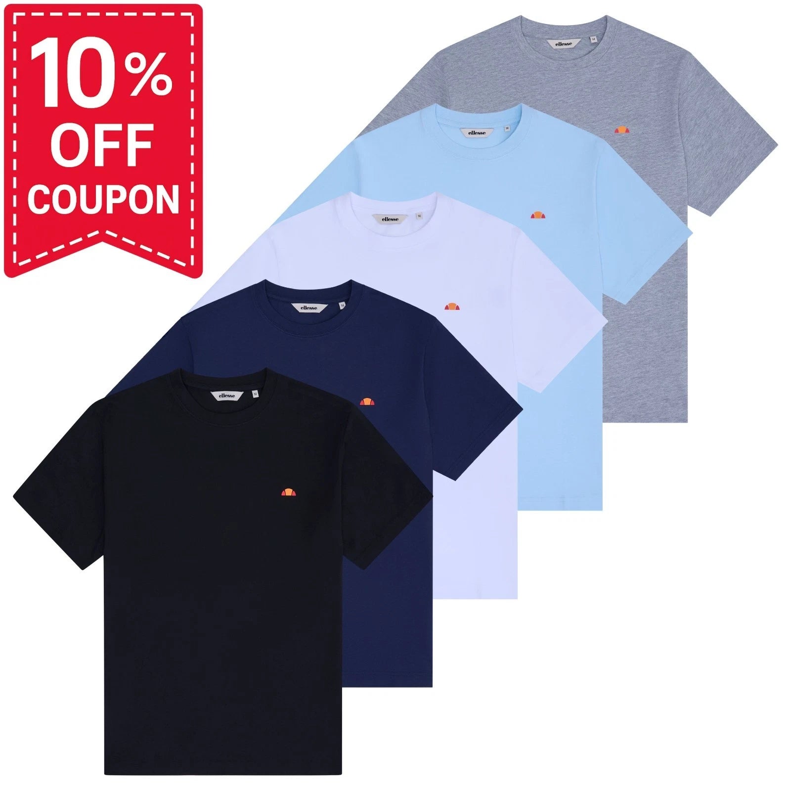 Ellesse 5 Pack T-Shirts Men’s Crew Neck Plain Logo 5 Colours Multi
