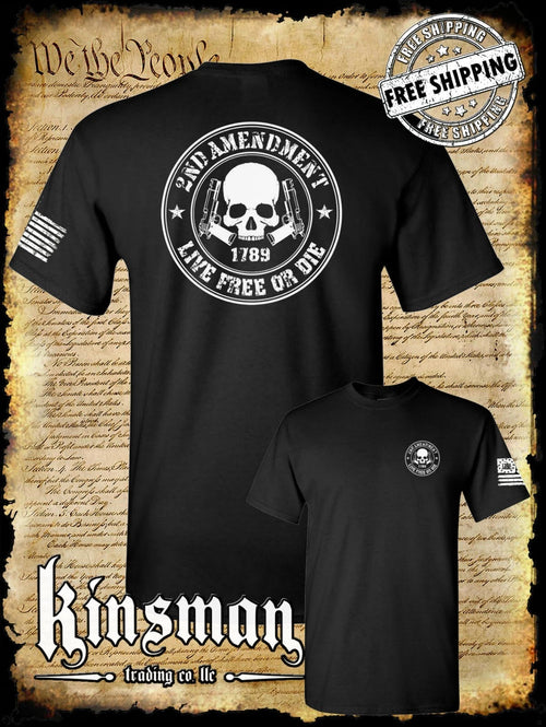 2nd Amendment Live Free or Die Skull & Pistols 2-Sided T-Shirt USA