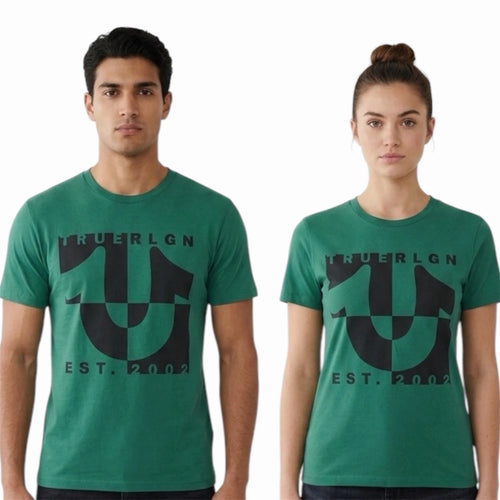 $69 TRUE RELIGION Green HORSESHOE SPLIT Short Sleeve Designer Graphic T-shirt