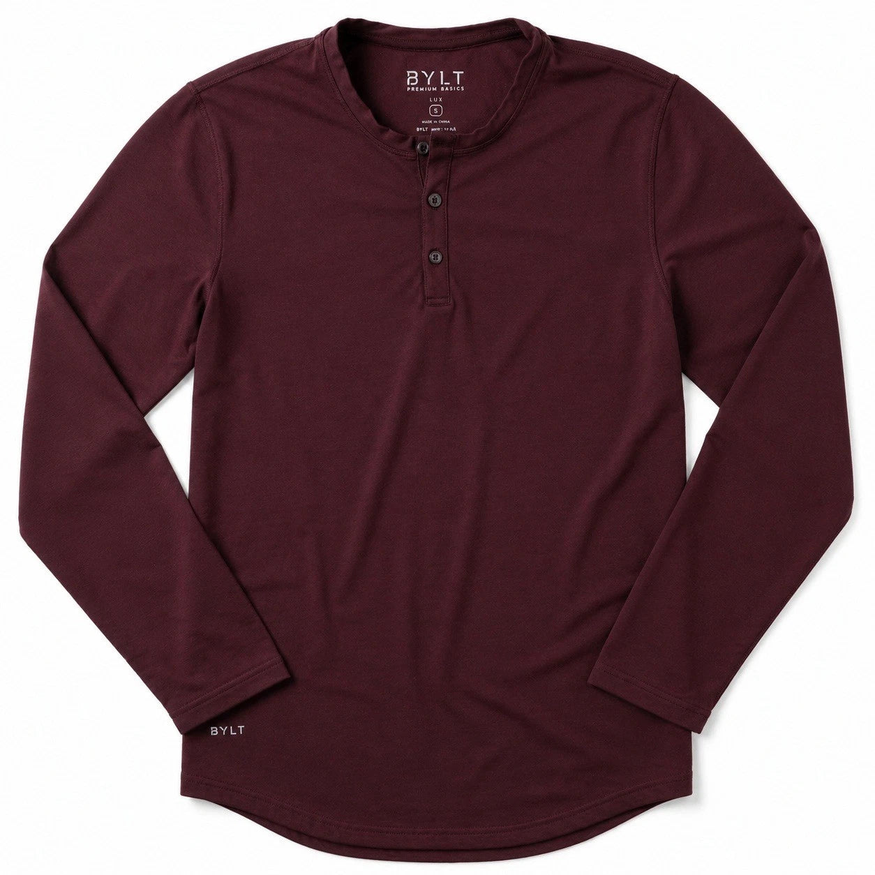 BYLT Lux Henley Shirt Men's Small Drop Cut Long Sleeve Casual Maroon