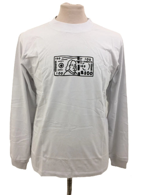 424 Men's T-Shirt White Bank Note Graphic Print Crew Neck Long Sleeves New F1