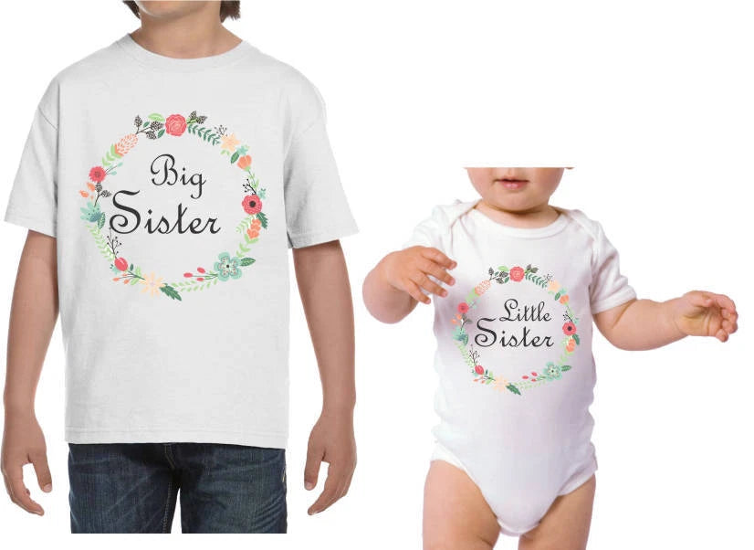 Mother of Girls Big Sister Little Sister flower crown Cute matching T-shirts
