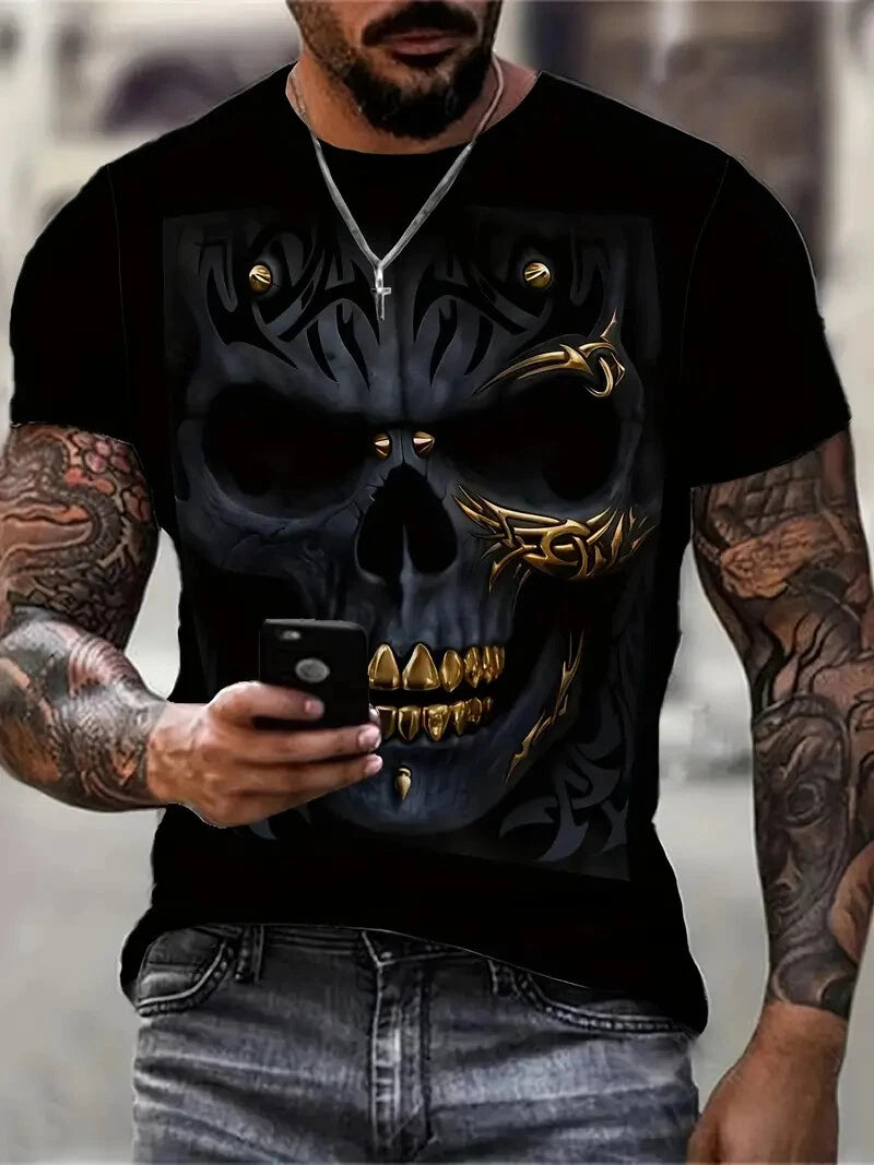 Men's Skull Print T-shirt, Casual Short Sleeve Crew Neck Tee, Men's Clothing