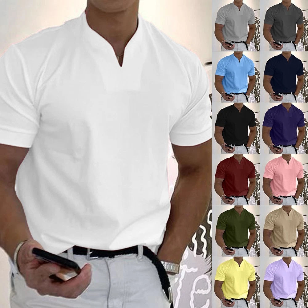 Men Grandad Shirts Summer Plain Short Sleeve Loose Casual T-Shirt Tops