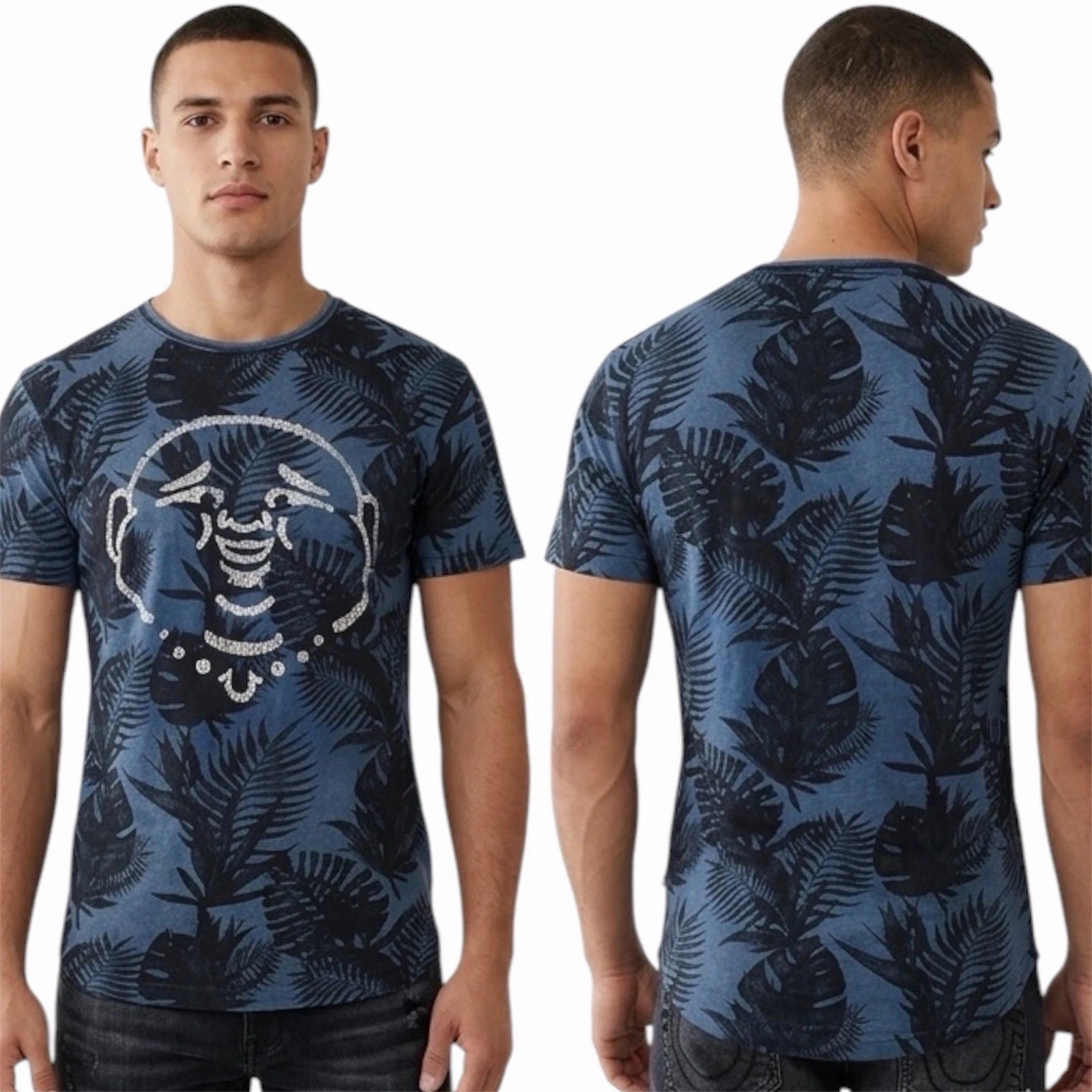 $89 TRUE RELIGION Indigo BUDDHA FACE Hawaiian Floral Graphic T-shirt NWT