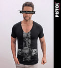 Pistol Boutique Men's Black Fitted Deep V neck SKULL CROSS SKULLS T-shirt