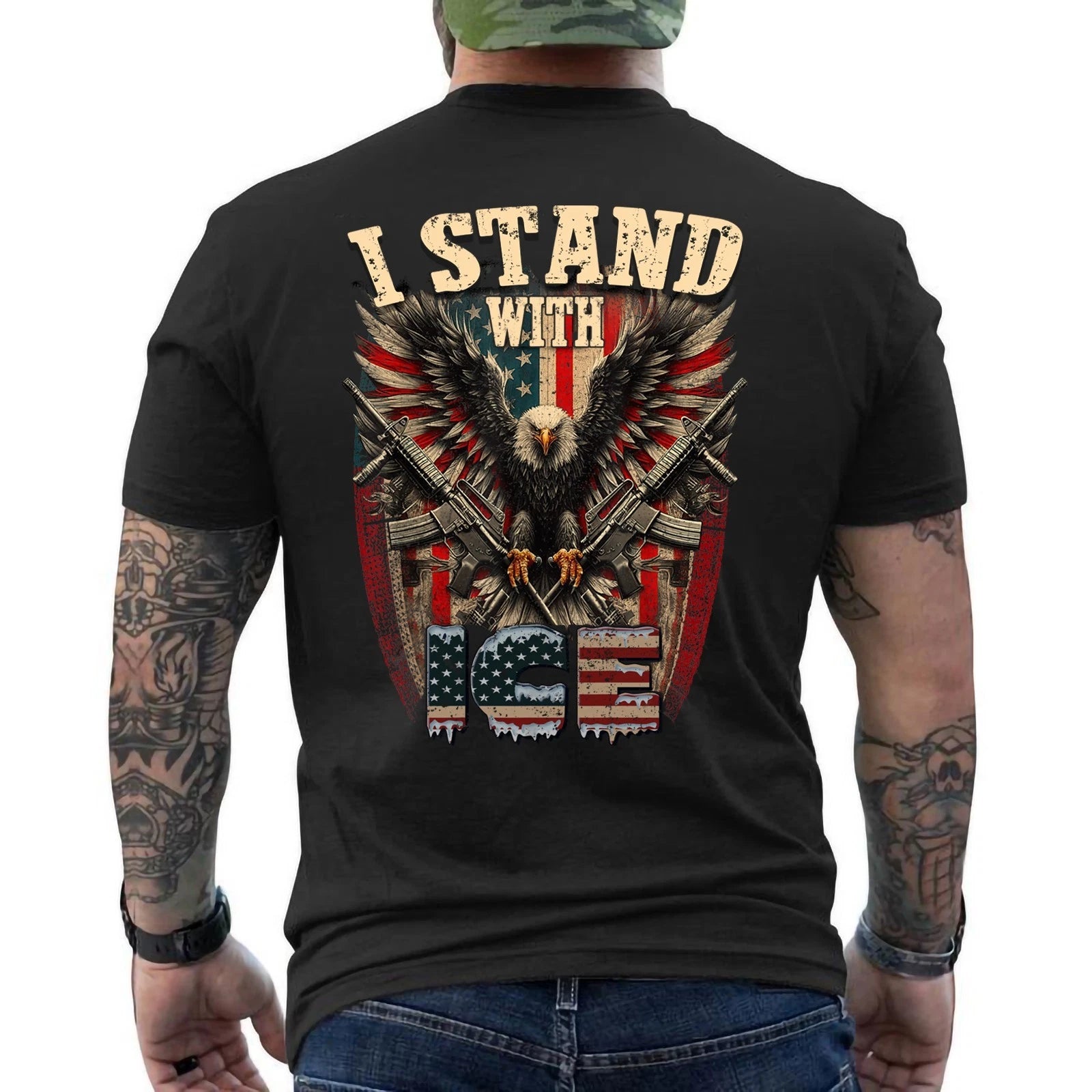 I Stand with ICE, Immigration and Customs Enforcement Patriotic US Flag ON BACK