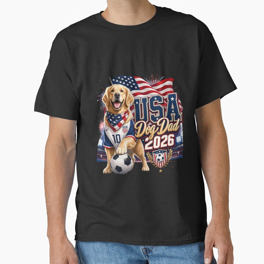 USA Dog Dad 2026 Patriotic Golden Retriever World Cup T-Shirt by Ashley critters