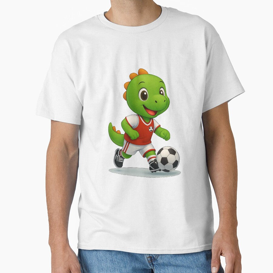 Happy Green Dino Kicking a Soccer Ball | Cute Cartoon Dino Kids T-Shirt for Little Athletes by LittleRoarArt