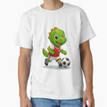 Happy Green Dino Kicking a Soccer Ball | Cute Cartoon Dino Kids T-Shirt for Little Athletes by LittleRoarArt