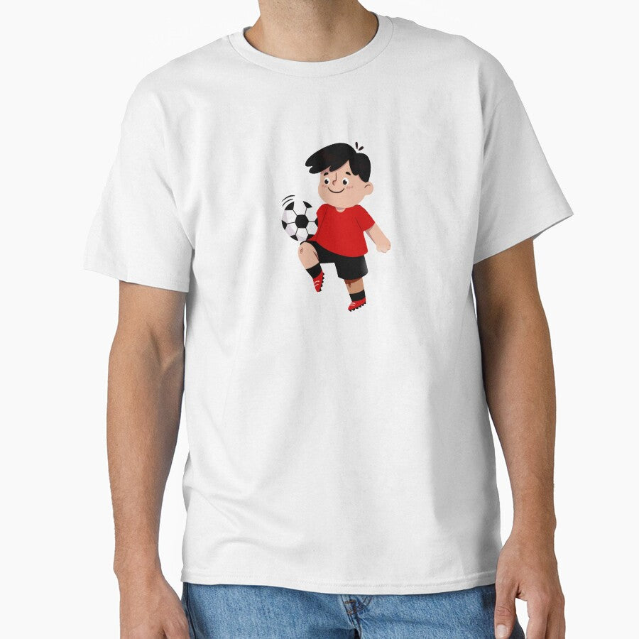 Cute Cartoon Child Playing Football in a Red Shirt and Black Shorts by nada-art