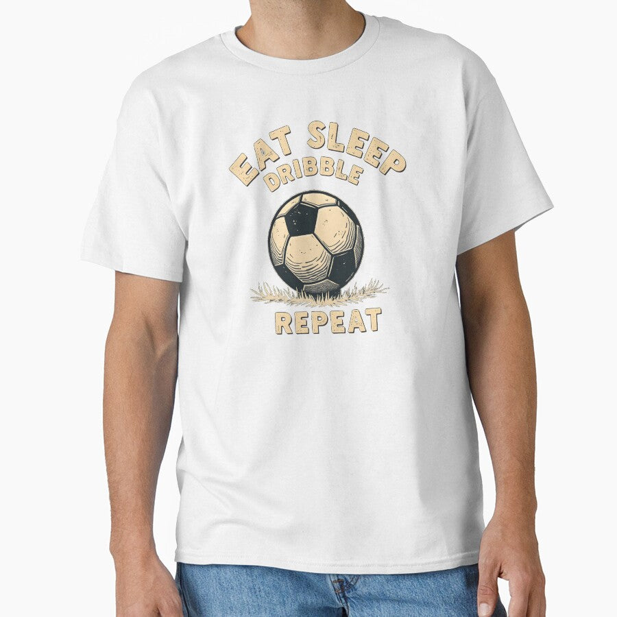 Funny Soccer Eat Sleep Dribble Repeat Text Design by MimsTees