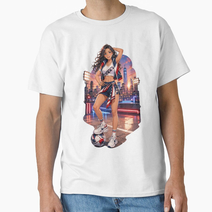 USA Inspired Anime Soccer Girl on Neon Rooftop by Sunset Deck Studio