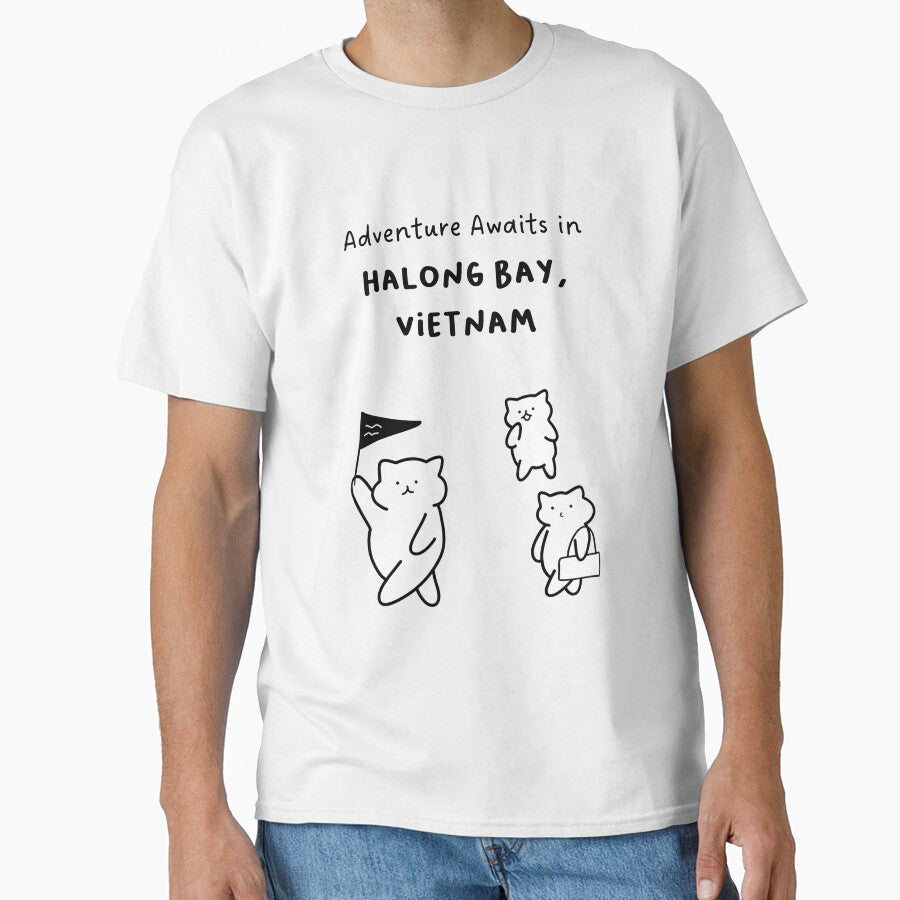 Adventure Awaits In Halong Bay Vietnam Cute Cat Characters In Minimalist Line Art Classic T Shirt Hoodie, Sweatshirt