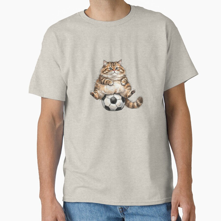 Funny Fluffy Tabby Cat Sitting on Soccer Ball Watercolor Art by BreezifyDesignStudio