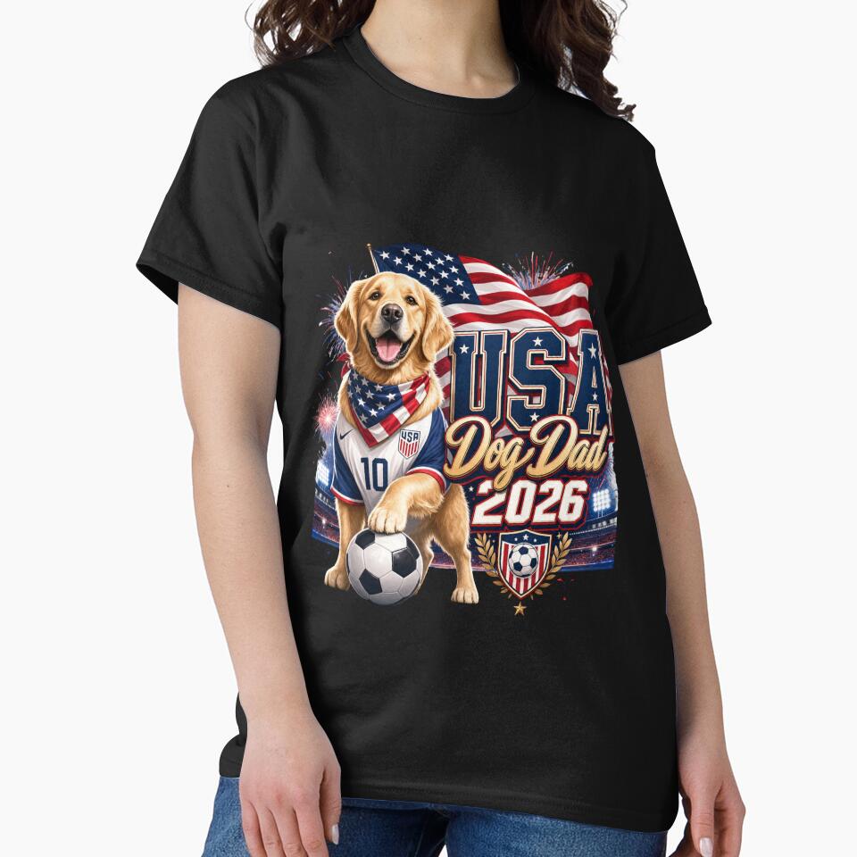USA Dog Dad 2026 Patriotic Golden Retriever World Cup T-Shirt by Ashley critters
