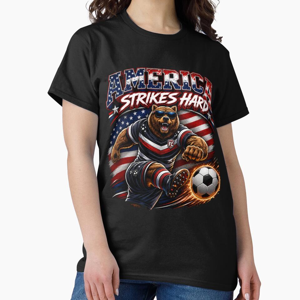 America Strikes Hard Soccer Bear Shirt | Patriotic Sports Mascot Design by Prime legend