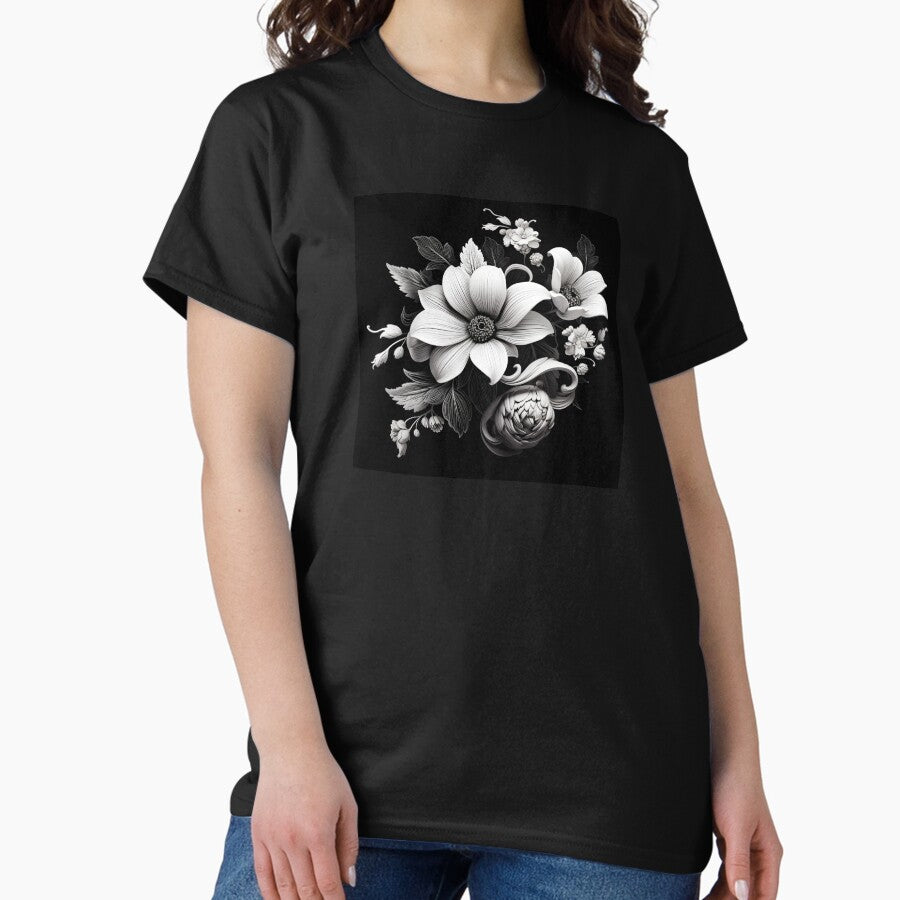 Black and White Retro Flower Art 5 Classic T-Shirt Hoodie, Sweatshirt | CoreVibeTees.com