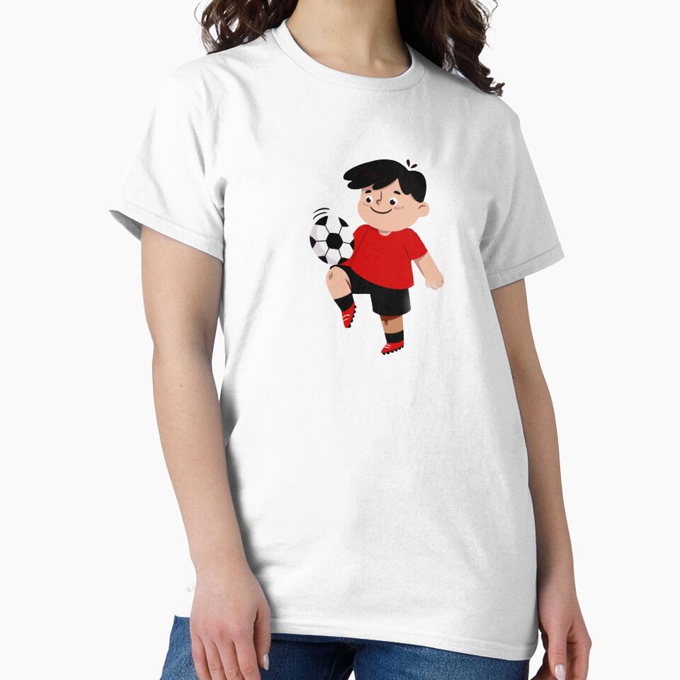 Cute Cartoon Child Playing Football in a Red Shirt and Black Shorts by nada-art