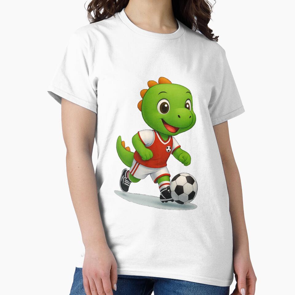 Happy Green Dino Kicking a Soccer Ball | Cute Cartoon Dino Kids T-Shirt for Little Athletes by LittleRoarArt