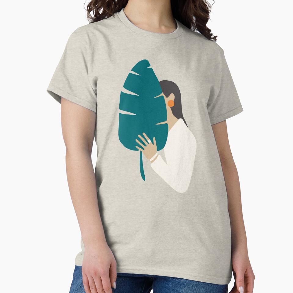 Brunette girl in white with tropical banana leaf by Nossikko