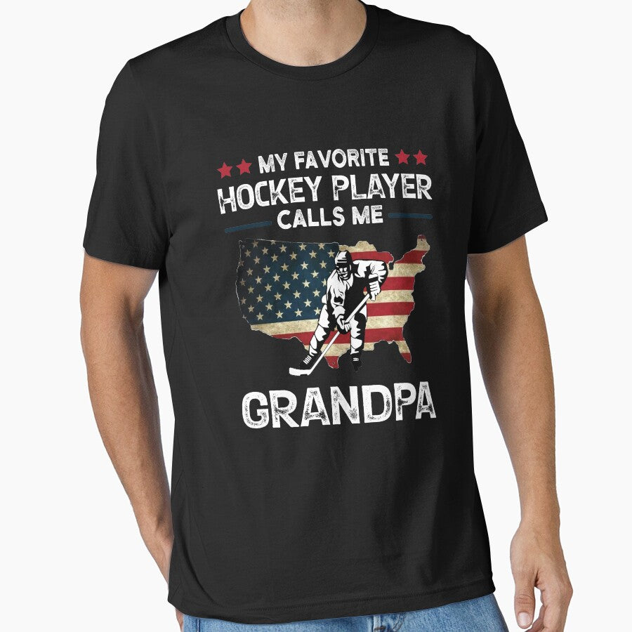 My Favorite Hockey Player Calls Me Grandpa Funny Grandpa Soccer Ice Hockey Player USA Flag Gift by Theobsessed01