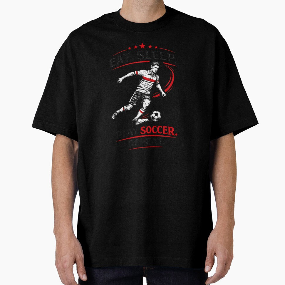 Eat Sleep Play Soccer Repeat – Retro Football Player Line Art (Black & Red) by Cleora Art