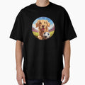 circular happy golden retriever puppy with soccer football on field by planetgolden