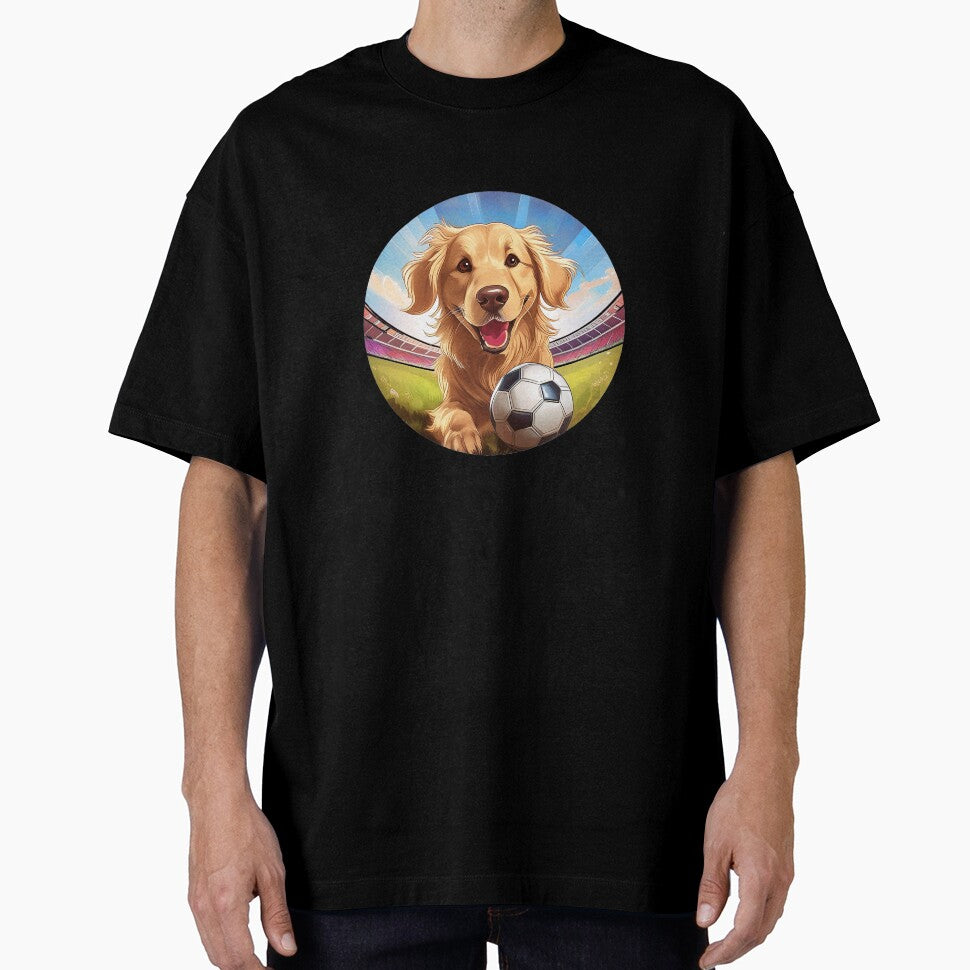circular happy golden retriever puppy with soccer football on field by planetgolden