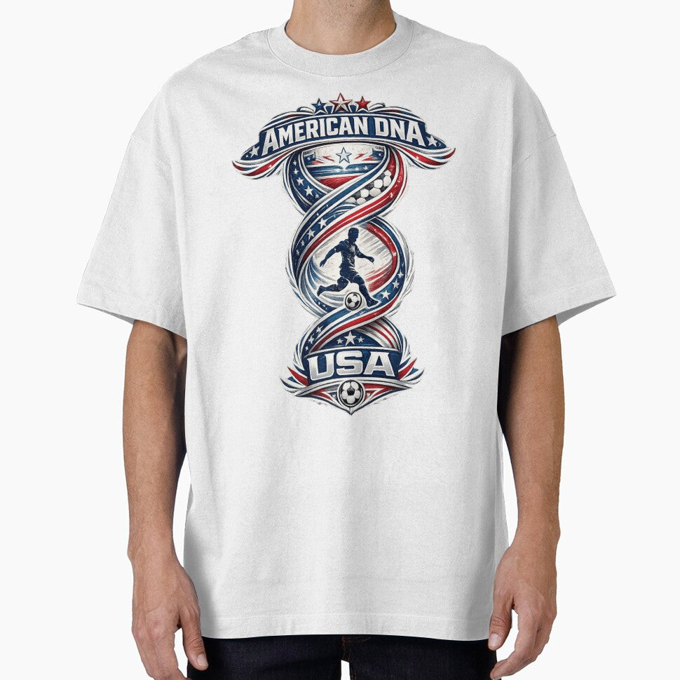 American DNA Football T-Shirt | USA Soccer Fan Design by Atlas Ink Lab