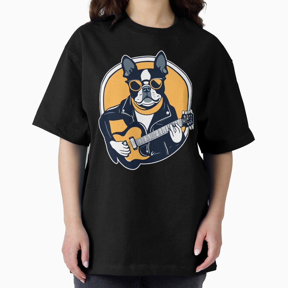 Boston Terrier Playing Guitar Wearing Sunglasses by Ameiva-Apparel