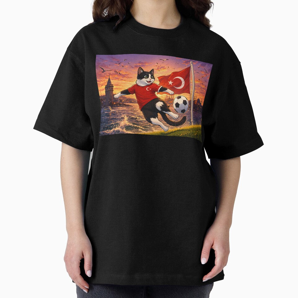 Turkish Cat Playing Football – Istanbul Skyline Sunset Cartoon Illustration, World Cup 2026 by Pacika