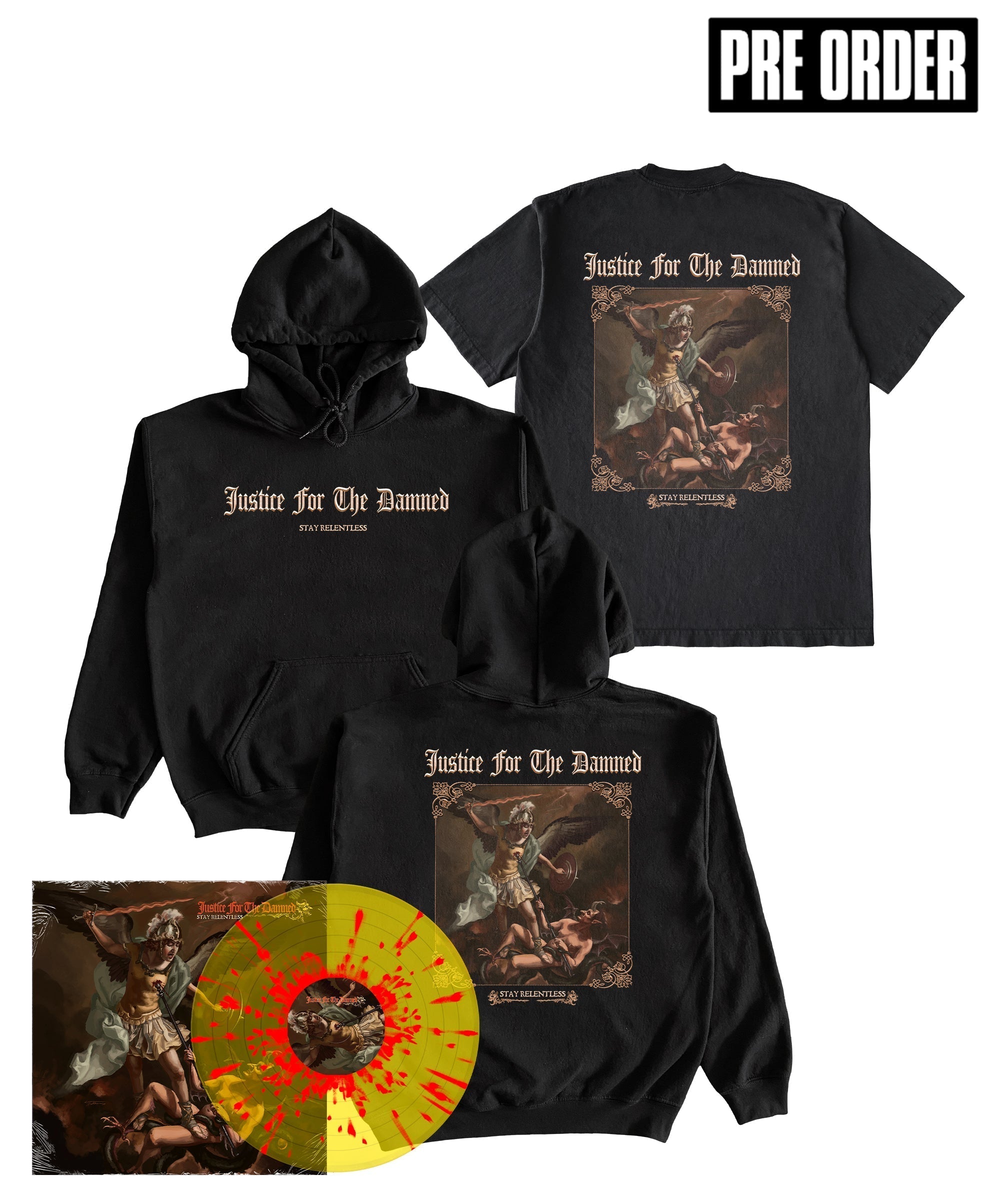 Justice For The Damned - Stay Relentless T-Shirt, Hoodie & Vinyl Bundle Sweatshirt | CoreVibeTees.com