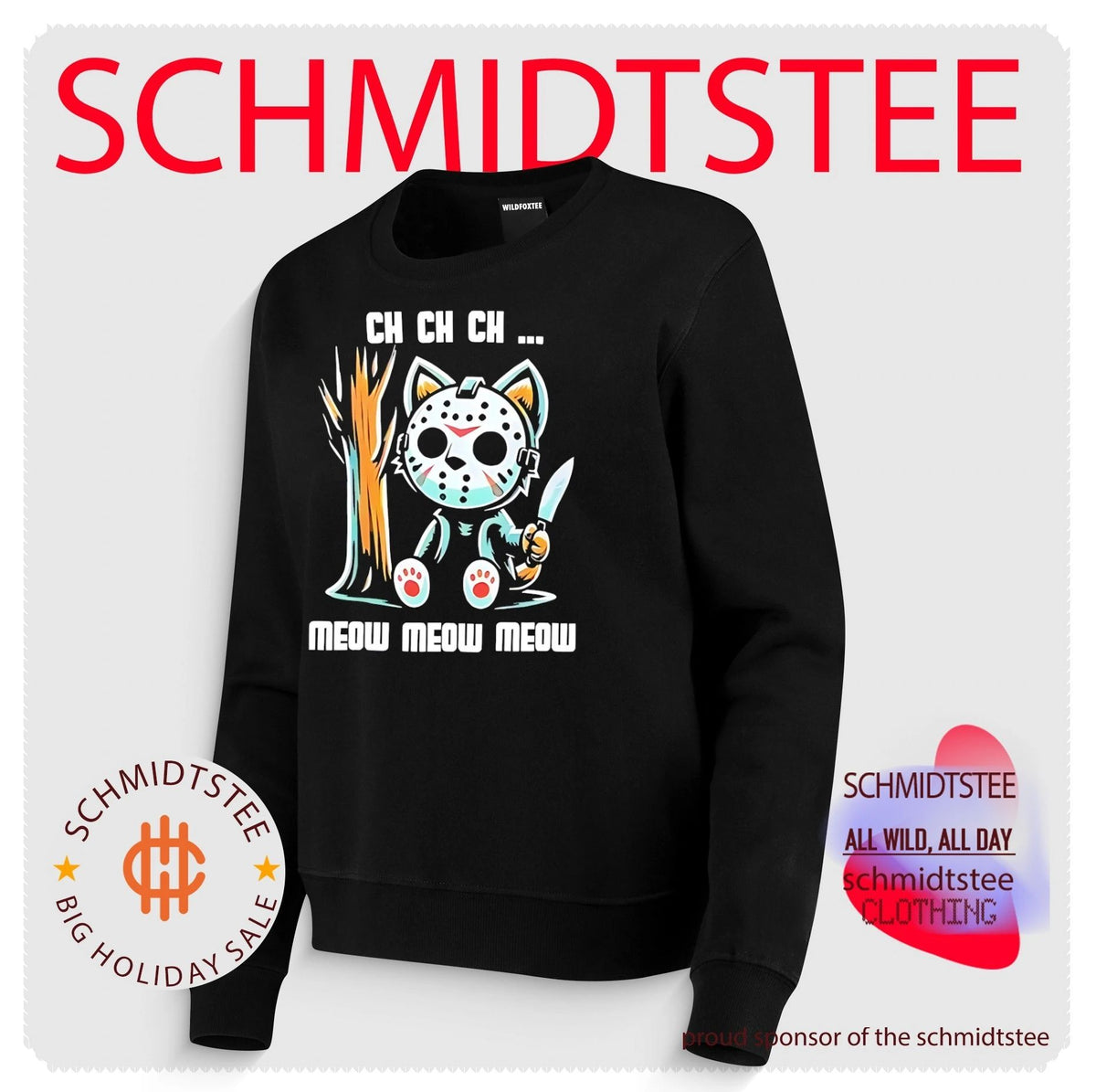 Cat wearing Jason Voorhees mask ch ch ch meow meow meow Halloween shirt
