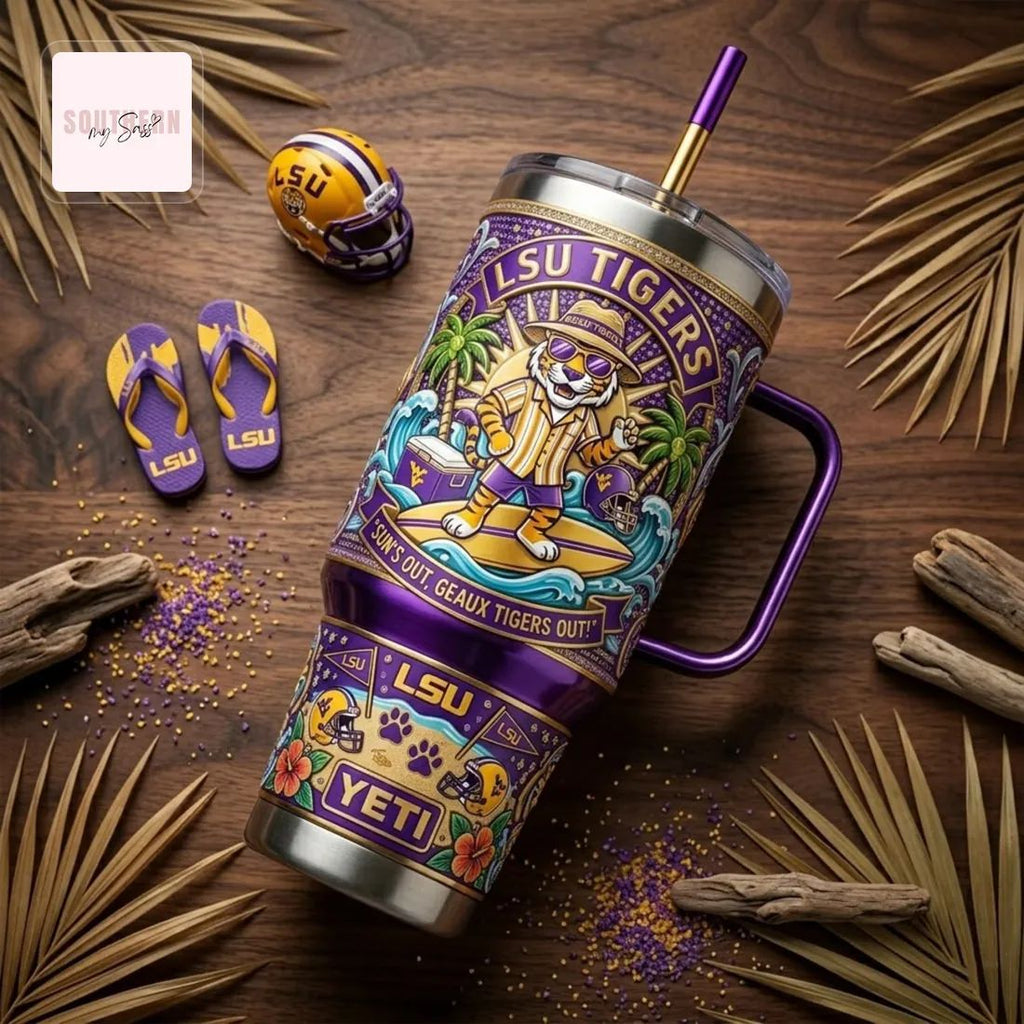 LSU Tigers Summer Tailgate Beach Club Purple and Gold Insulated 40oz Tumbler with Handle