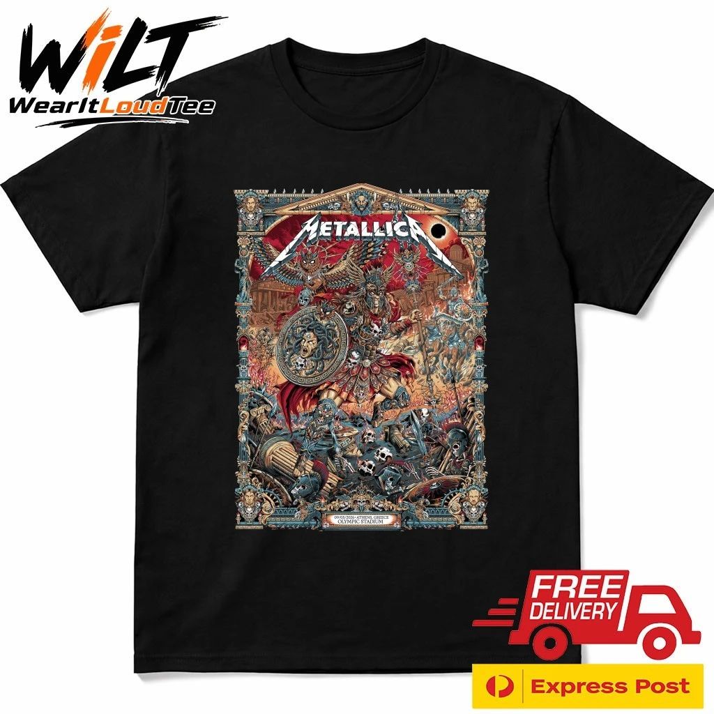 Metallica M72 Athens 2026 Pop Up Shop Poster At Greece Olympic Stadium On May 9 2026 The Warrior With Medusa Shield Art By Juan Ma Orozco Shirt