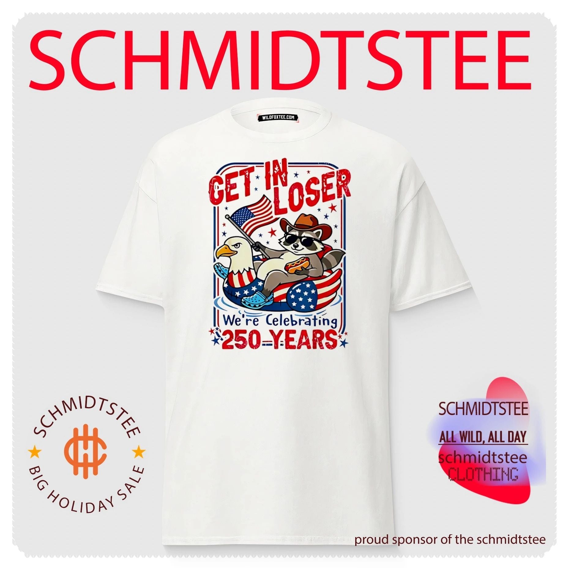 Get in loser we’re celebrating 250 years cartoon racoon shirt
