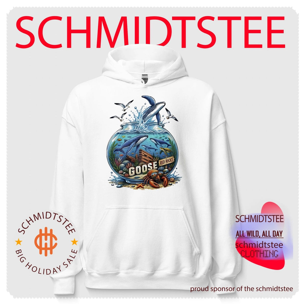 Red rocks goose whales sea turtle crab fishbowl illustrated shirt