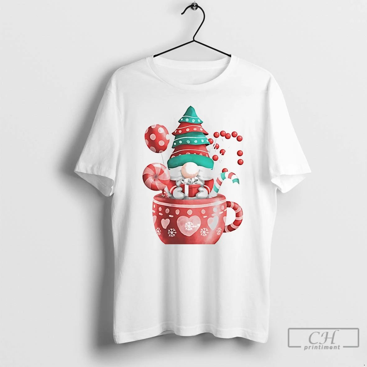 Classic Christmas Gnome In Red Cup Candy Cane Tree White T Shirts