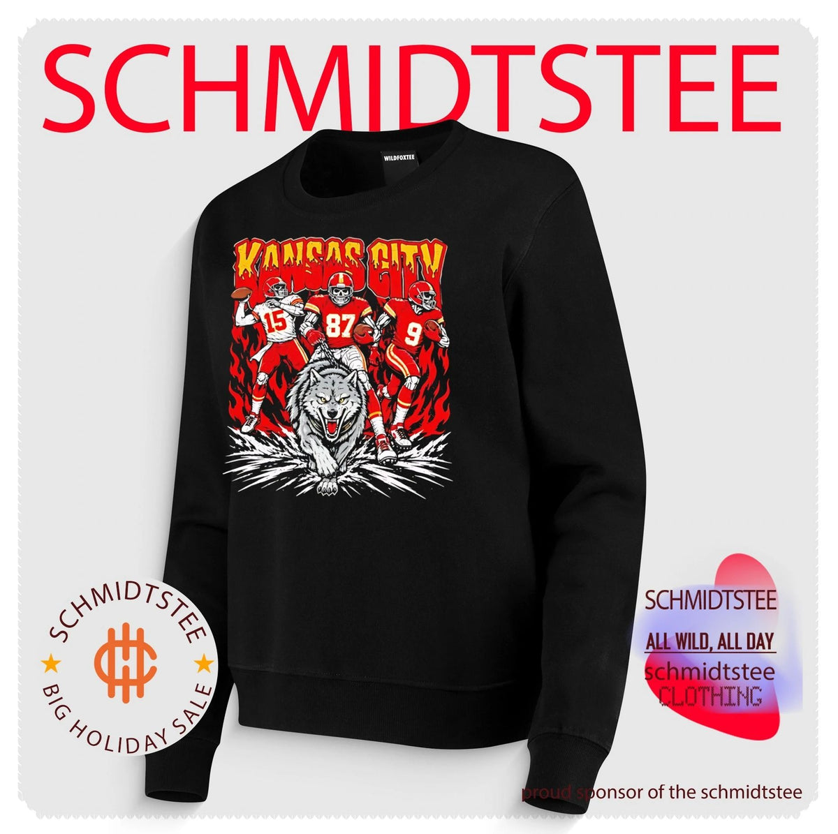 Kansas City Chiefs players and wolf illustration shirt
