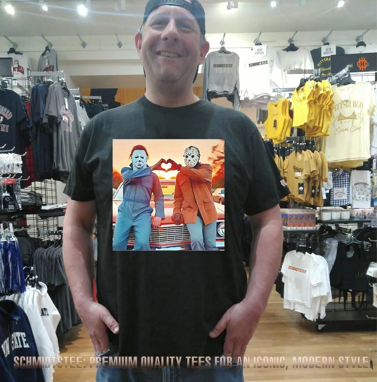 Jason Voorhees and Michael Myers doing heart sign Halloween shirt