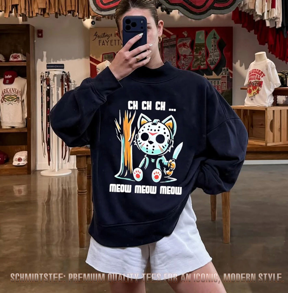 Cat wearing Jason Voorhees mask ch ch ch meow meow meow Halloween shirt