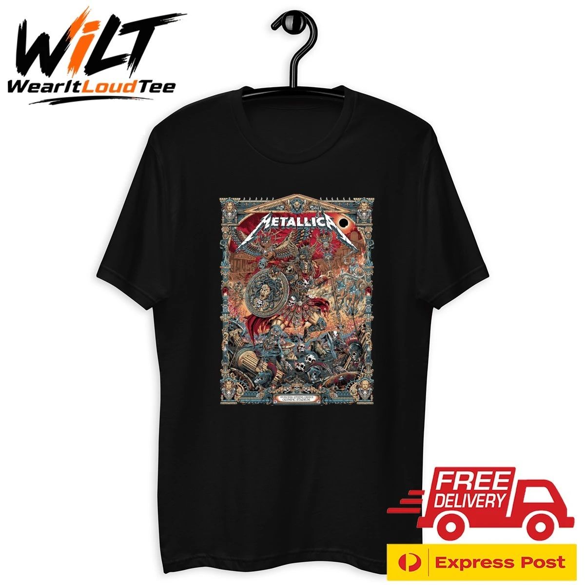 Metallica M72 Athens 2026 Pop Up Shop Poster At Greece Olympic Stadium On May 9 2026 The Warrior With Medusa Shield Art By Juan Ma Orozco Shirt