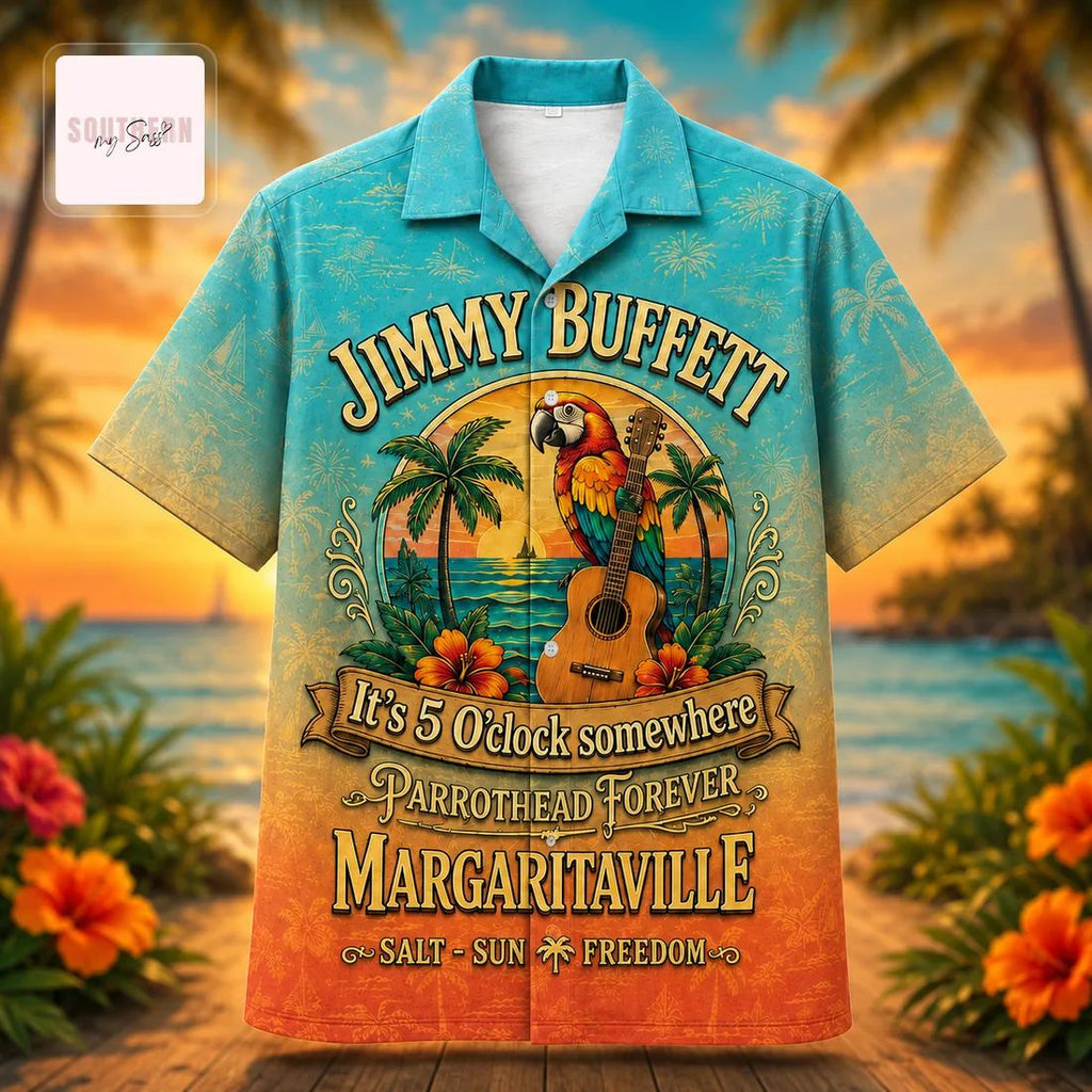 Jimmy Buffett Margaritaville Parrothead Tropical Sunset Beach Hawaiian Shirt