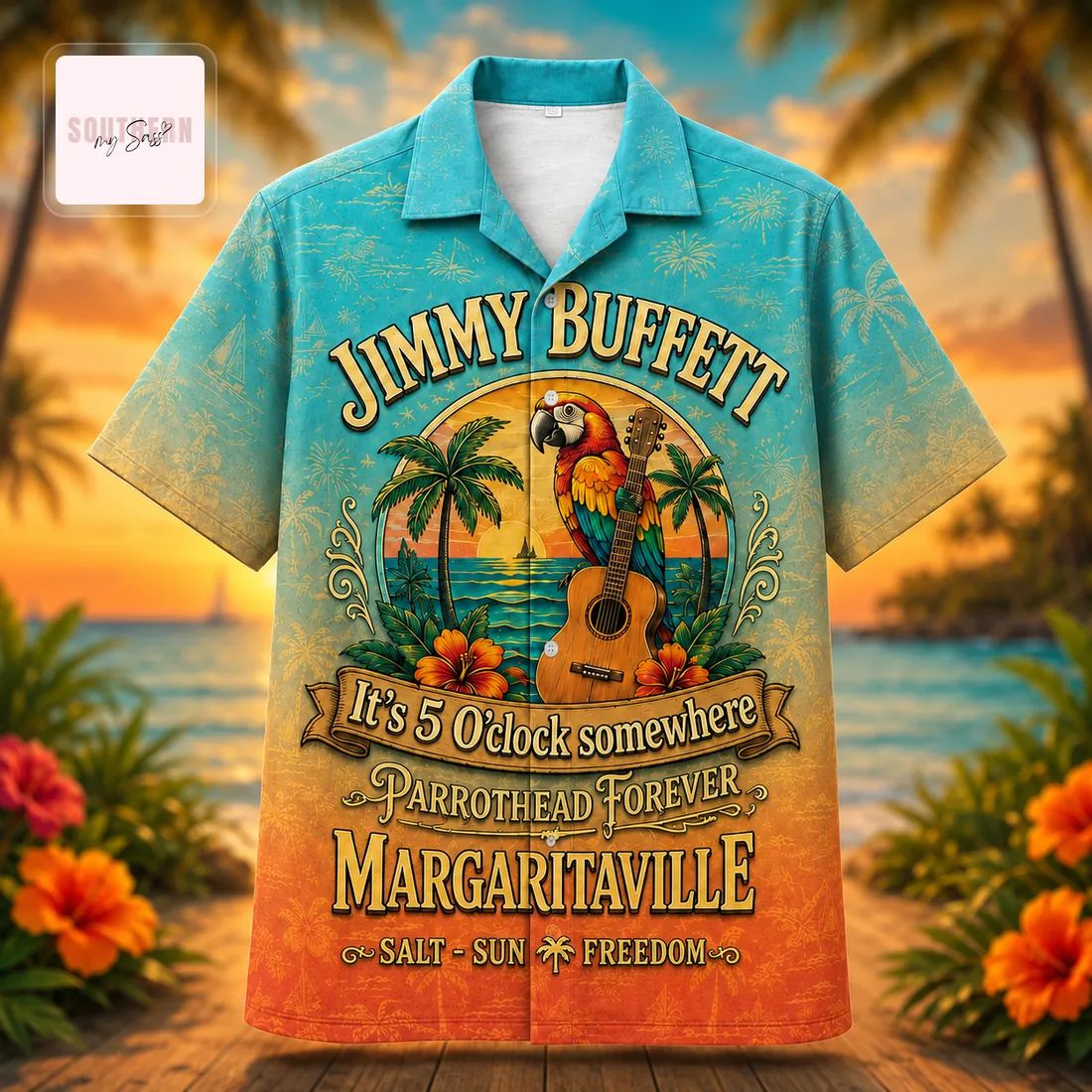 Jimmy Buffett Margaritaville Parrothead Tropical Sunset Beach Hawaiian Shirt