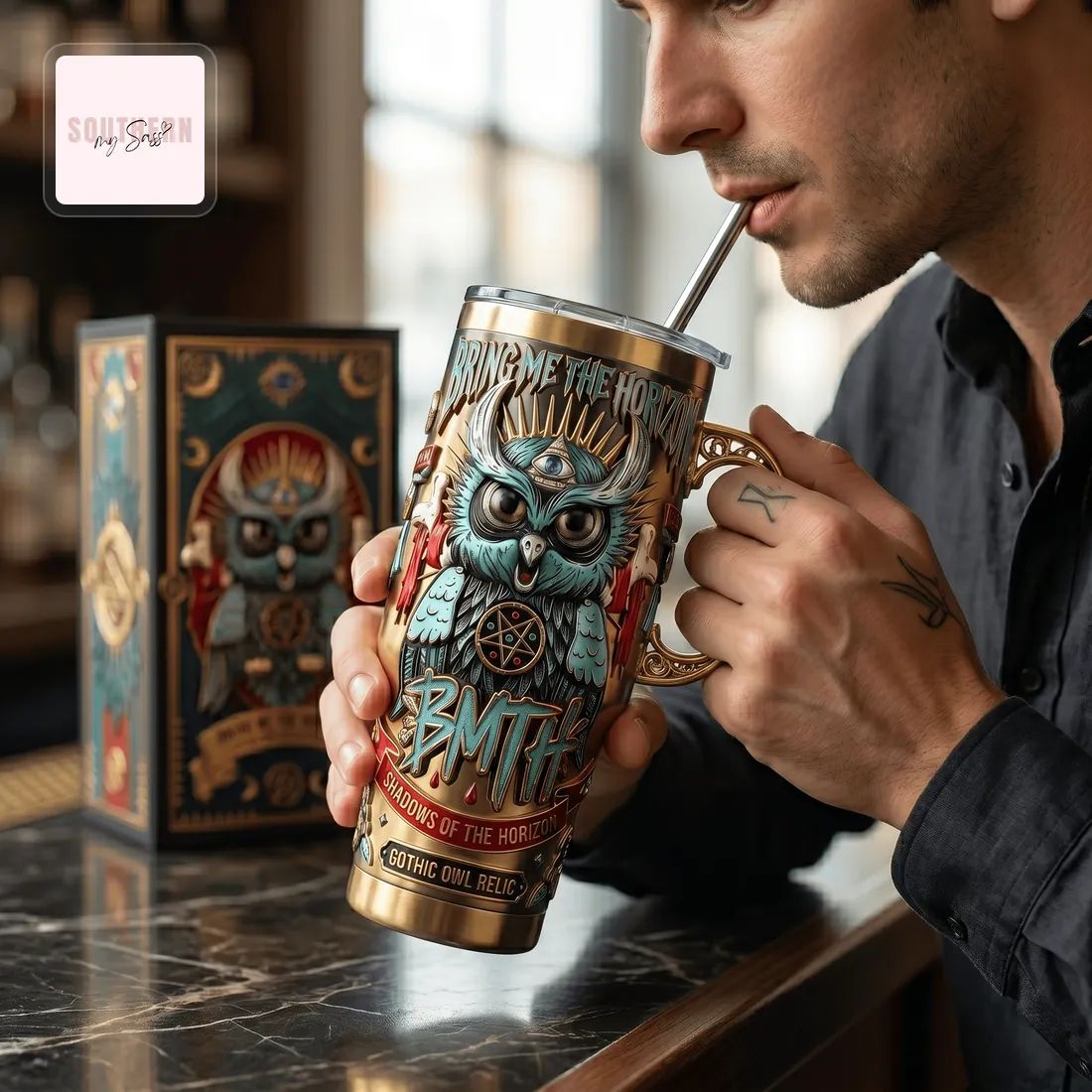 Bring Me The Horizon BMTH Gothic Owl Relic Edition 40oz Insulated Tumbler With Handle