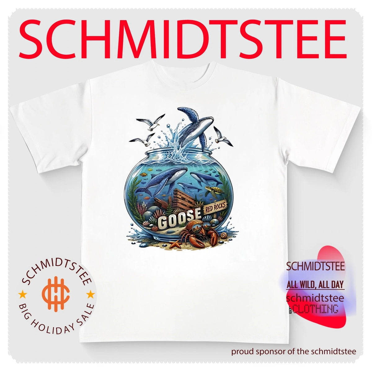 Red rocks goose whales sea turtle crab fishbowl illustrated shirt