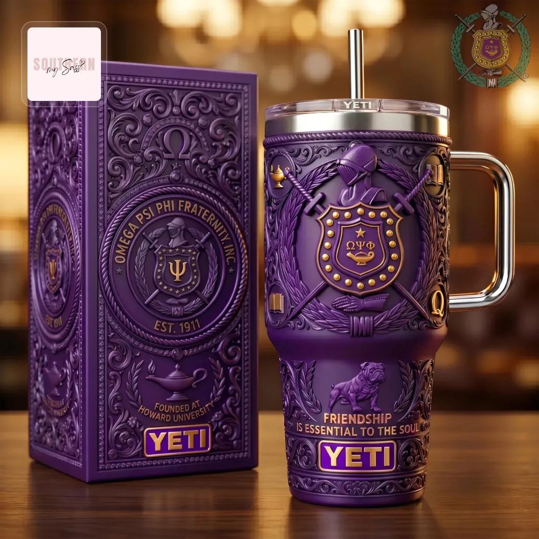 Omega Psi Phi Fraternity Est 1911 Purple and Gold 3D Embossed Luxury Stainless Steel Handle Tumbler